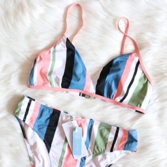 NWT Pink Blue White Bikini Set Size Small Stripe Print Bathing Suit - Picture 4 of 9